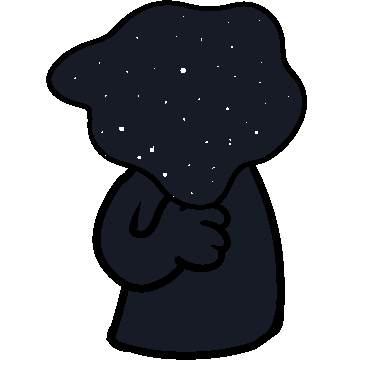 A dark blue figure with a blob containing a starry sky for a head, with a hand on voids chest.